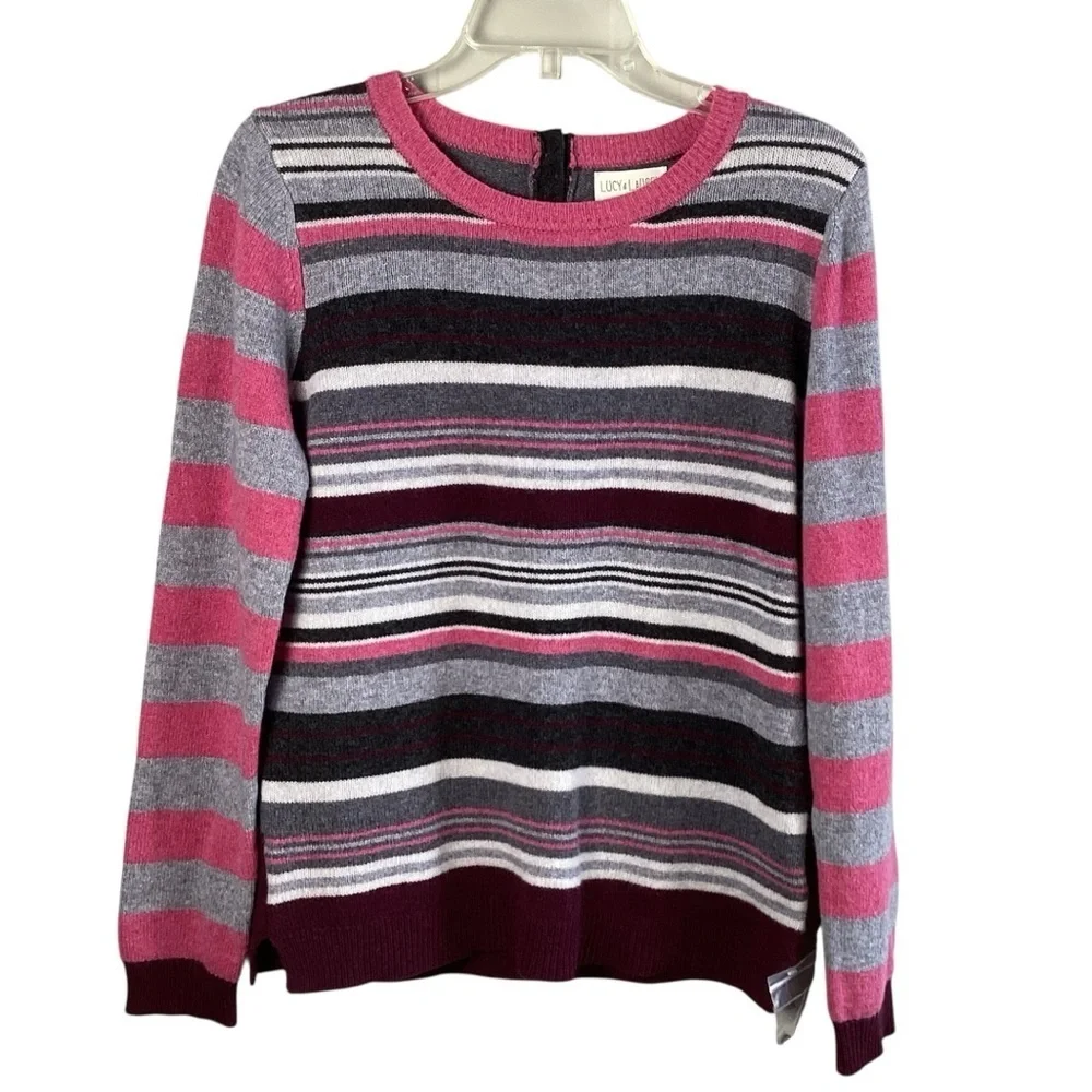Lucy & Laurel NWT Merino Wool Pullover Sweater pink gray striped button back L
